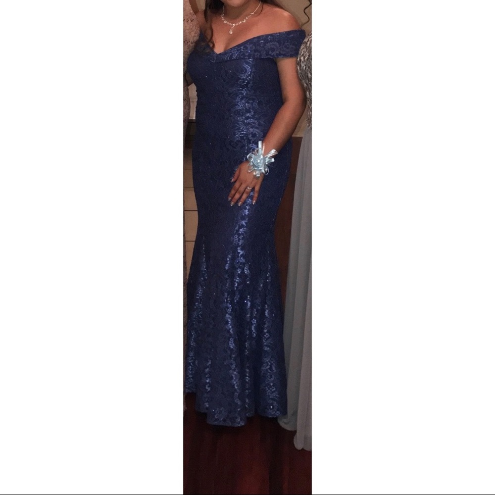 Blue Off the shoulder Lace Gown